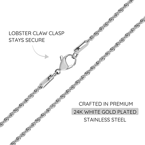 Kisper 24K White Gold Rope Chain Necklace –Thin, Dainty, White Gold Plated Stainless Steel Jewelry For Women & Men With Lobster Clasp, 22" #TOP2
