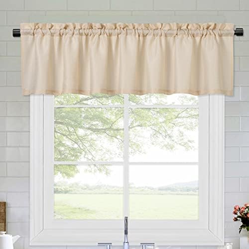 GlowSol Valance Curtains for Kitchen Waterproof Fabric, Cafe Window Curtain Waffle Woven Fabric Short Bathroom Valance Water Repellent Curtains with Rod Pocket, Cream 60"×15"
