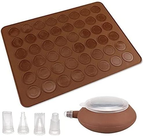 PERFETSELL Macaron Pad Silicone Baking Mat Mold Set 48 Holes Capacity Non Stick Baking Tray Cake Bakeware Kit Brown Baking Sheet Moulds with Decorating Pen and 4 Nozzles for Macaron, Cupcake, Dessert