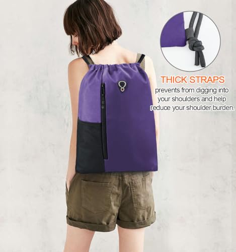 Image of BeeGreen Dark Purple Drawstring Backpack Gym Bag For Men & Women - Sports Sackpack with Mesh Water Bottle Holder & 2 Zippered Pockets - Large 16x20 Inch Cinch String Backpack