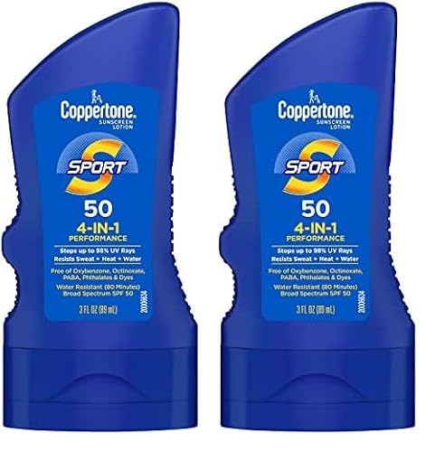 Coppertone SPORT Sunscreen SPF 50 Lotion, Water Resistant, Body Sunscreen Lotion, Travel Size, 3 Fl Oz (Pack of 2)