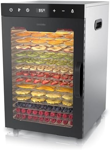 Arendo - Dörrautomat Edelstahl mit 16 Edelstahlgitter - 1000 Watt - 13400 cm² - 8 Programme - Dörrgerät Dehydrator Obsttrockner Dörrapparat - Obst Fleisch Pilze uvm - LED Touch Con
