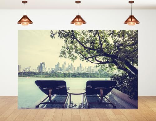 4x4ft Rooftop Infinity Pool City Skyline View Backdrop Luxury Urban Resort Scene Photography Background for Summer Pool Party Decorations Banner Photo Booth Props