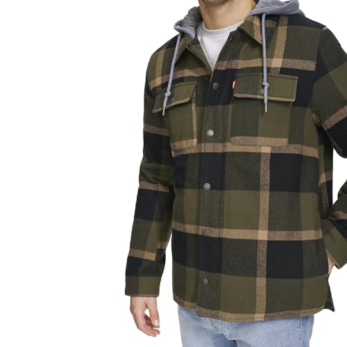 Image of Levi's mens Plaid Sherpa Lined Hooded Shirt Jacket (Regular & Big & Tall Sizes)
