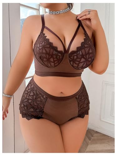 Image of MakeMeChic Women's Plus Size Lingerie Sets Contrast Lace Cut Out Wireless Bra and Panty Set
