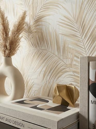 Newroom Papier Peint Beige Intissé avec motif feuilles pour Salon et Chambre - Vinyle Texturé 10,05x0,53m Made in Germany