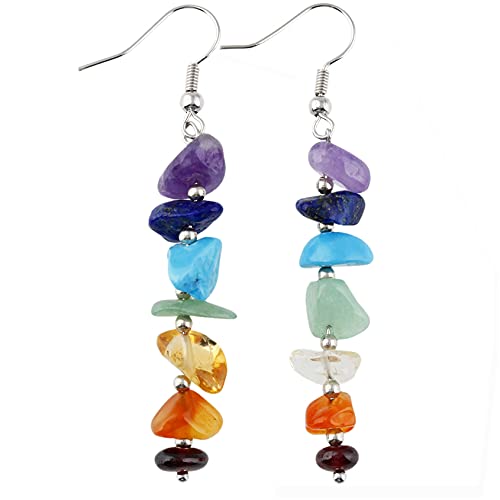 zwyjd 7 Chakra Pierre Pendentif Boucles d'oreilles Cristal Naturel Pierre Gravier Gland Boucles d'oreilles Reiki Guérison Cristal Long Dangle Crochet Goutte d'oreille Cover
