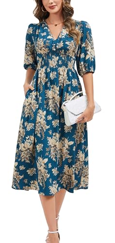 Image of Kormei Women Casual Boho V Neck 3 /4 Sleeve Smocked Waist A Line Flowy Swing Midi Dress Smocked Long Dress