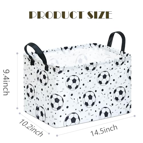 Image of Kids Storage Basket with Soccer Print, 14.5 inch x 10.2 inch x 9.1 inch, Waterproof with Leather Handles, Collapsible Rectangular Bin for Boys Sports Gear, Toys & Laundry
