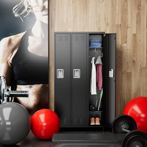 Image of Aobabo Metal Storage Locker for Office Gym Bedroom Dormitory, 3 Doors Steel Storage Locker for Employees, Industrial Storage with 6 Hooks, Black, Assembly Required
