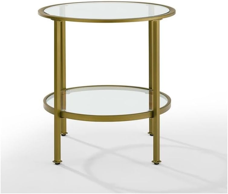 HomeStock Round End Table with Glass Top & Shelving - Modern Living Room Side Table