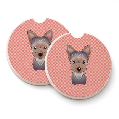 Caroline's Treasures BB1232CARC Checkerboard Pink Yorkie Puppy Set of 2 Cup Holder Car Coasters Absorbent Sandstone Coasters for Car Cup Holders Gifts for Men or Women, Large, Multicolor