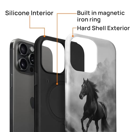 CARLOCA for iPhone 15 Pro Compatible with Magsafe Full Body Protective Glossy Case for Girl Boy Shockproof Magnetic Charge Esthetics Pattern Black Horse Running Misty Mountains by CARLOCA - Used condition - Image 3