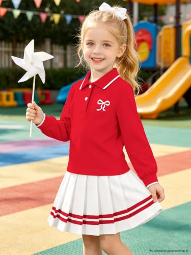 Image of Betusline Girls Long Sleeve Polo Skirt Set Kids Preppy Uniform Outfit,4-14Y