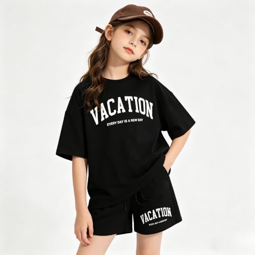 Image of Size 6-12 Years Girl's Tracksuit Sets 2 Piece Outfits Letter Print Vacation Tee Top and Drawstring Waist Shorts