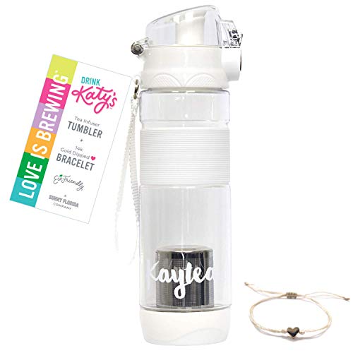 KATYS  Tea Tumbler with Infuser - Hot or Cold Brew Travel Loose Tea Infuser Bottle - Shatterproof Lockable BPA Free Perfect Gift - 16ozBeach White