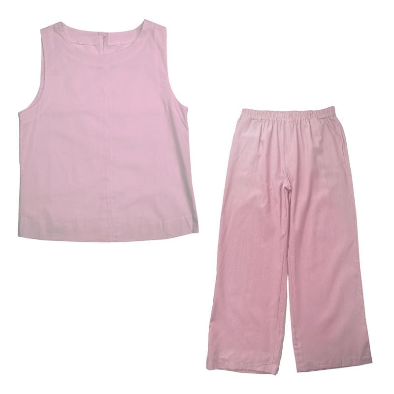 Linen Outfits for Women 2 Piece Set Solid Crew Neck Sleeveless Tank Tops and Wide Leg Pants Suits with Pockets4