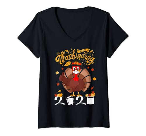Womens Funny Happy Thanksgiving Turkey Face Mask Quarantine 2020 V-Neck T-Shirt