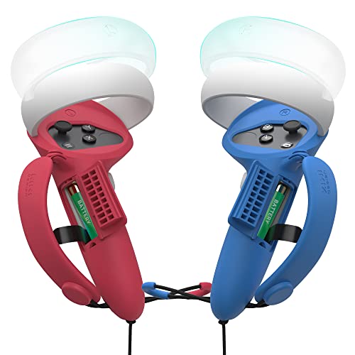 KIWI design Controller Grips Cover with Battery Opening Adjustable with Knuckle Straps, Perfect Match for Beat Saber Compatible with Quest 2 Accessories (RD+BU)