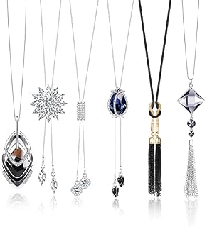 CASSIECA 6Pcs Long Pendant Necklace for Women Lady Statement Sweater Necklace Set Silver Plated Rhinestone Flower Tassel Necklace Y Simple Necklaces Sweater Chain Fashion Jewelry Women Gifts