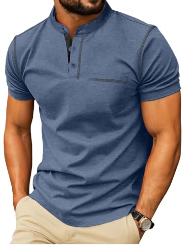 PrinStory Henley Shirt Herren Kurzarm Baumwoll T-Shirts Sommer Casual Tshirt Bequem Atmungsaktiv Oberteile Mit Brusttaschen (Vg Blau, M)