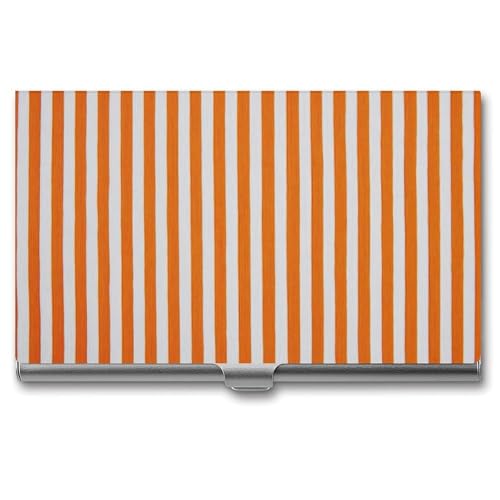 Vertical Orange And White Striped Business Card Holder, Pocket Slim Portable Metal Business Card Case for Women Men