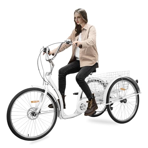 DioPaiB 26 Zoll Dreirad für Erwachsene, 3 Rader Fahrrad mit Einkaufskorb & Licht, Lastenfahrrad 6-Gang Tragfähigkeit 120kg, Dreirad für Erwachsene & Senioren, 3 Räde, Weiß