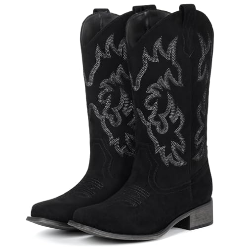 Image of IUV Cowboy Boots For Women Square Toe Wide Mid Calf Western Pull On Suede Fashion Black Brown Cowgirl Boots