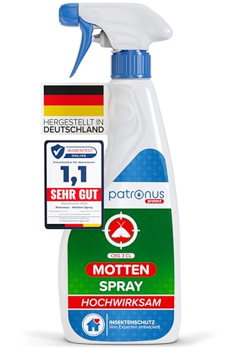 Patronus Mottenspray 500 ml - hochwirksame Abwehr gegen Kleidermotten & Lebensmittel-Motten - Motten-Spray für Kleiderschrank, Teppich, Textilien & Küche - mit dezentem Eukalyptus-Zitrusduft