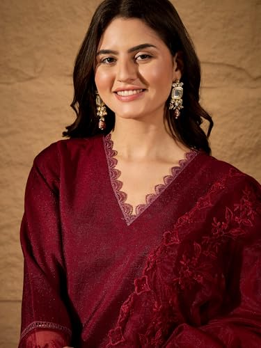 Image of FABIAN FASHION Women's Maroon Straight Kurta Palazzo Pant with Organza Dupatta Set Festive Ethnic Wear(ES 2537)