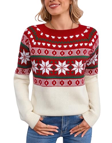 Image of Women's Fair Isle Sweater Crew Neck Long Sleeve Heart Sweater Vintage Tops