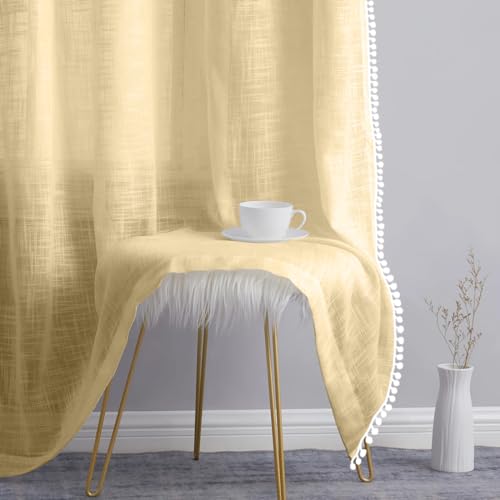 Image of THE LINEN COMPANY Cotton Sheer Grommet Curtains with Side Border Pompom Sheer Curtain for Door Linen Textured, Light Filtering, Pack of 2 (Butter Cream, 7 Feet)