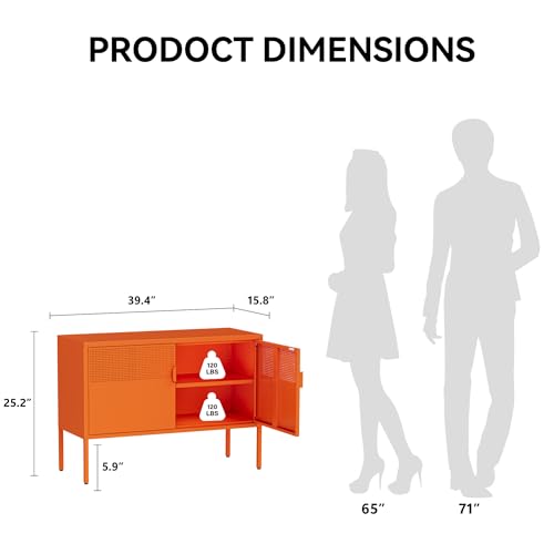 Image of COFaR TV Stand for TVs up to 75 Inch, 40''L Media Console with Ventilation Doors, Metal Entertainment Center with Adjustable Shelves & 120Lbs Storage for Living Room & Bedroom, Orange