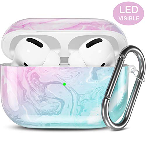 HUMENN Funda Protectora Compatible con AirPods Pro 2019, Fundas Protectoras de Mármol Impresas con Mosquetón Compatible con Airpods Pro / 3rd Gen, LED Visible Frontal, Rosado Azul