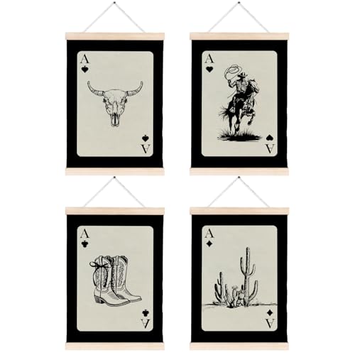 FITIE Vintage Western Cowboy Canvas Wall Art Poster, Trendy Retro Rodeo Cowboy Boots Bull Skull Cactus Black Ace Card Wall Decor Prints for Country Western Home Room Office, 12x16 Inches Set of 4