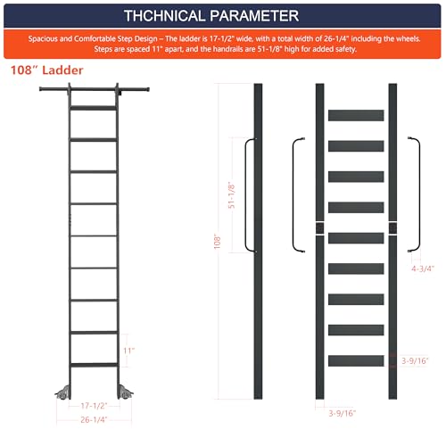 HARDJULAN 108" Telescopic Sliding Library Ladder with Handrail – Lightweight Aluminum Rolling Ladder with Braking Wheels, 4FT Hook Ladder Track Kit for Home, Loft, and Bookshelves by HARDJULAN - Image 2