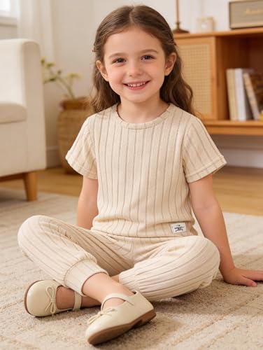 Image of Girls 6 Pieces Knit Outfits Short Sleeve Tee Tops and Pants Clothing Set 4-12Y