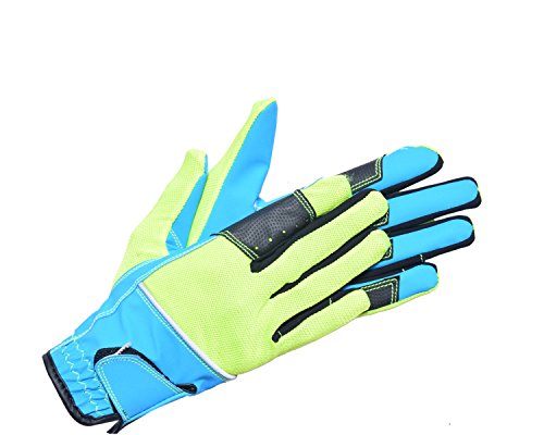Riders Trend Zwei Ton Pferd Mesh/dehnbar Synthetisches Leder/Digital Serino Palm Equestrian Reithandschuhe - Sky Blau/Florescent Gelb, Mittel Cover