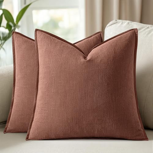 Image of 24x24 Inch Set of 2 Rust Red Decorative Linen Euro Solid Throw Pillow Covers Fall Boho Accent Farmhouse Couch Pillows Modern Neutral Home Decor for Bed Sofa Livingroom