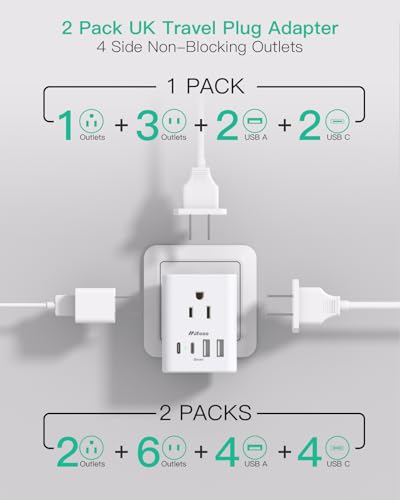 2 Pack US to UK Ireland Travel Plug Adapter, Type G Plug Adapter with 4 Outlets 4 USB Ports (2 USB C), UK Power Adapter for USA to London England Scotland British Kenya Qatar Hongkong - Thumbnail 5