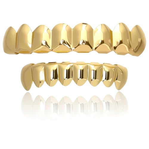 AISGRIL Grillz Men Hip Hop Gold Plated Teeth Grillz Grills Sparkling 8 Tooth Jewelry18K Gold-Plated Brass Dental Grills with Molding Bars Tooth Plating 18K Gold Halloween Party Costume Unisex