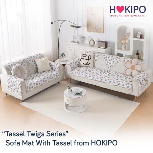 Image of HOKIPO Abstract Petals Quilted Sofa Cover 5 Seater Set with Tassels - Washable 3+2 Sofa Cover Mat |'Tassel Twigs' Series (IN-985-T10 + IN-983-T10)
