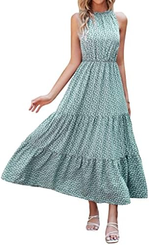 dowerme Women's Summer Casual Halter Neck Sleeveless Maxi Dresses Elastic Waist Boho Floral Ruffle Beach Sundress 2023(Leaves Green,Large)