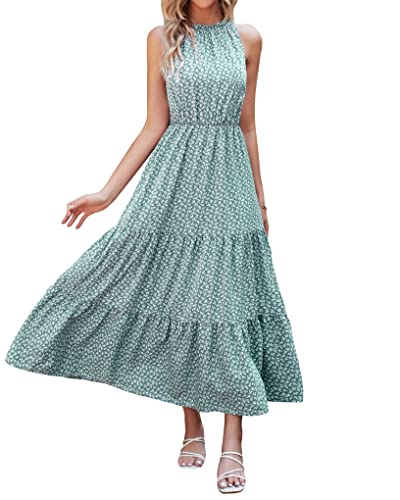 Dowerme Women's Summer Casual Halter Neck Sleeveless Maxi Dresses Elastic Waist Boho Floral Ruffle Beach Sundress 2023(Leaves Green,Large) #TOP2