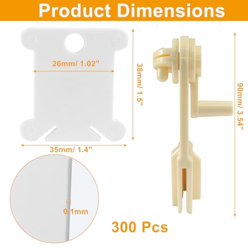 Kyuionty 300 Pcs Plastic Embroidery Floss Bobbins with 1 Pcs Bobbin Winder, White Sewing Cards Thread Embroidery Floss Organizer for Cross Stitch Yarn Needlework Supplies