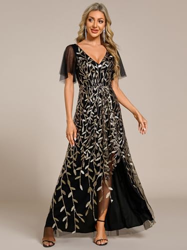 Ever-Pretty Women's Shimmery Formal Dress V Neck Sequins A-Line Side Slit Elegant Long Evening Dresses 020833