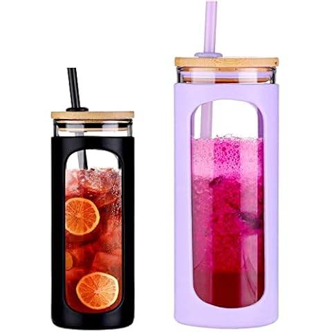 Kodrine Glass Tumbler with Straw and Lid, 20oz Glass Coffee Tumbler with Bamboo Lid, Iced Coffee Cup Silicone Protective Sleeve BPA Free- Black & Purple Cover