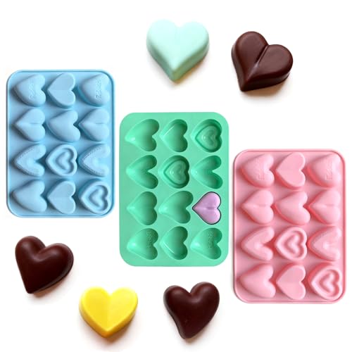 3 Piezas Moldes Chocolate Silicona,Multifuncional Moldes de Silicona en Forma de Corazon, Reutilizable Antiadherente Molde de Chocolate para Gelatina,Pasteles,Cubitos de Hielo Rosa Azul Verde