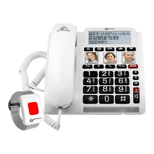Geemarc CL610 - Emergency Response Telephone and its Waterproof SOS Bracelet with Amplified Receiving Volume and Customisable Photo Memories - Ideal for Elderly People Leaving Alone - UK Version