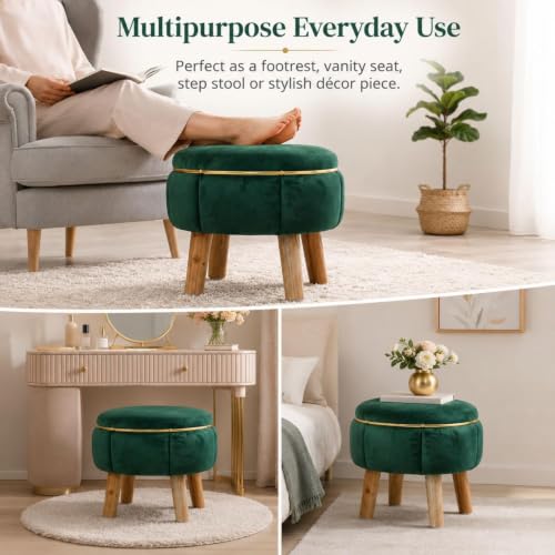 Image of Velvet Upholstered Round Ottoman Footstool | Anti-Slip Feet | Multipurpose Footrest, Step Stool & Vanity Seating & Decor | 40 x 30 cm (16 x 12 Inch) | Green
